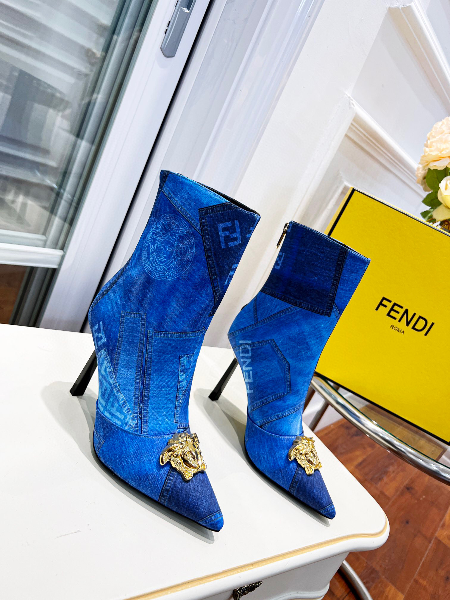 TOP FENDI x Versace Denim Boots - Blue & GHW