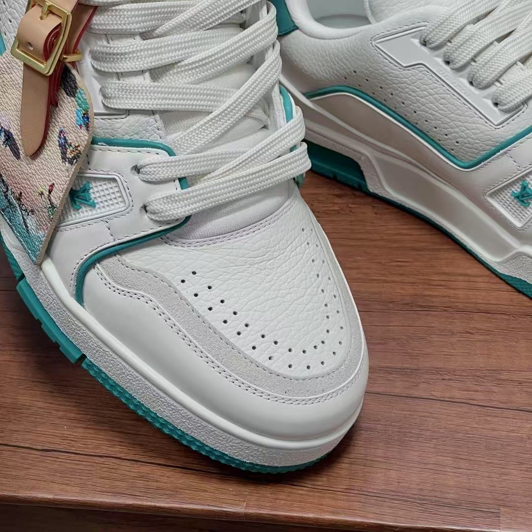 AAAShoes Louis Vuitton Trainer Sneaker, White & Teal Green Leather Low‑Top Casual Shoes, Unisex #54 Trainer