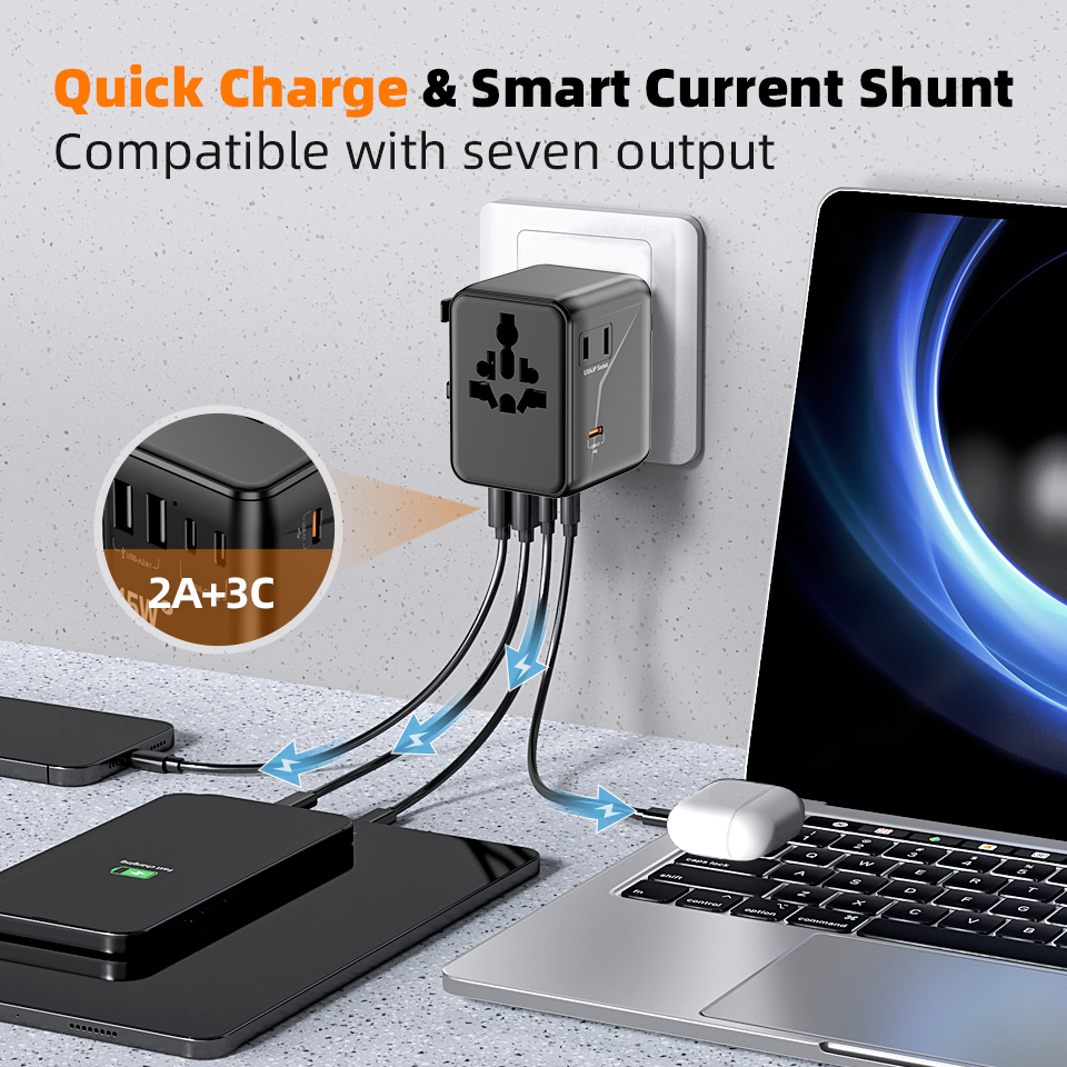 2AC Outlets PD 45W Fast Charger 2500W Power Travel Charging Adapter International Plug Adapter with 3 Type-C and 2 USB