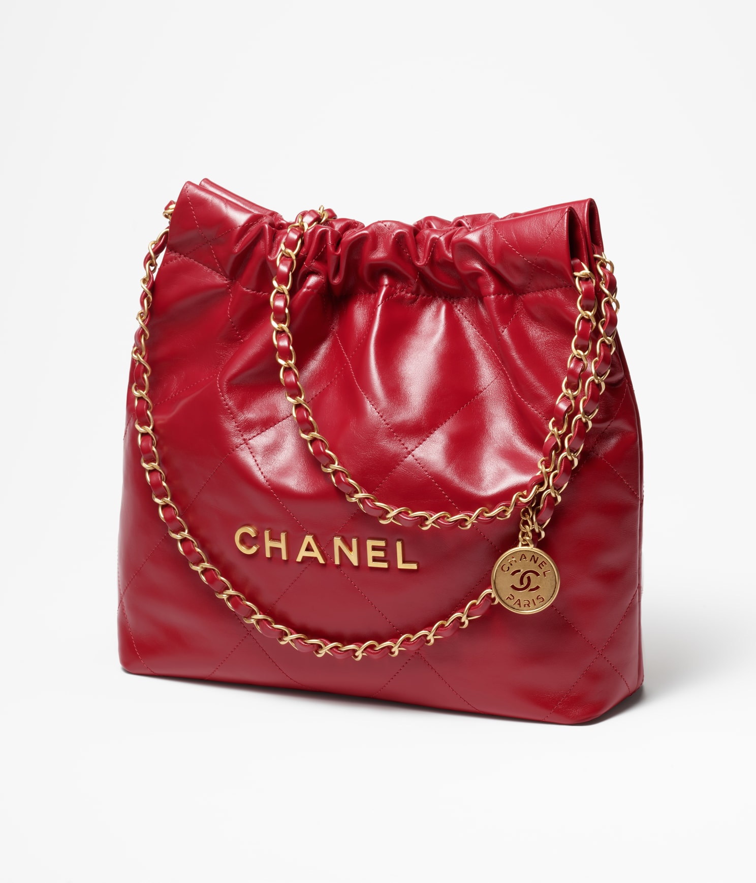 CHANEL 22 SMALL HANDBAG Shiny Calfskin & Gold-Tone Metal Red