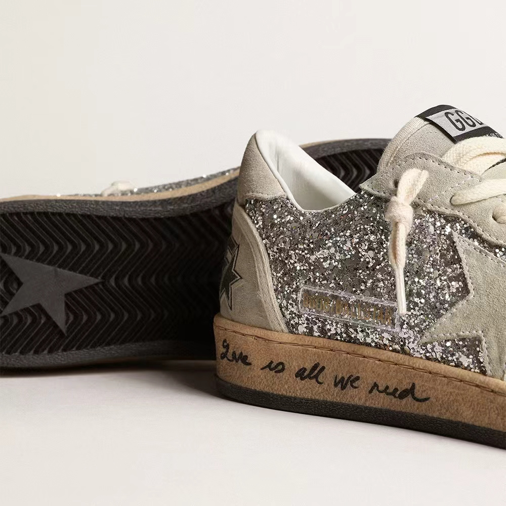 Golden Goose Ball Star in silver glitter with ice-gray suede inserts  (Replica)