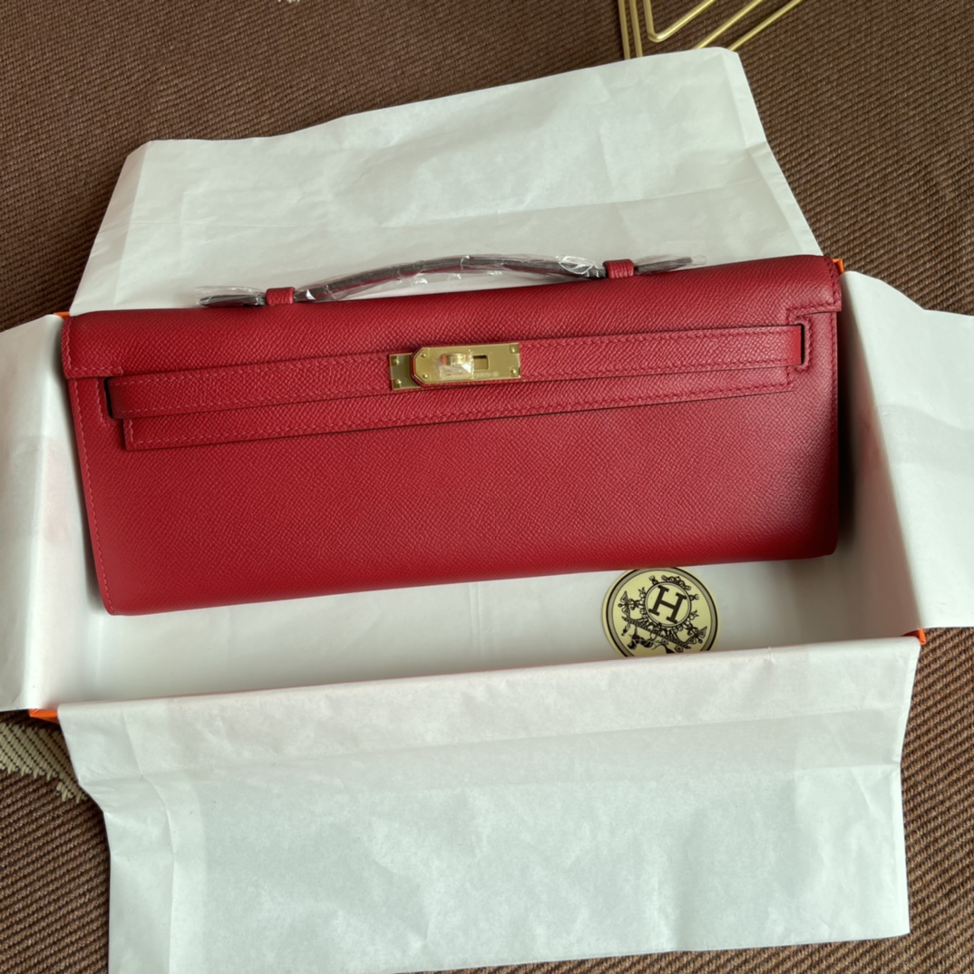 TOP HERMES Kelly Cut Elan 31 Clutch - 31*14*3cm - Red & SHW