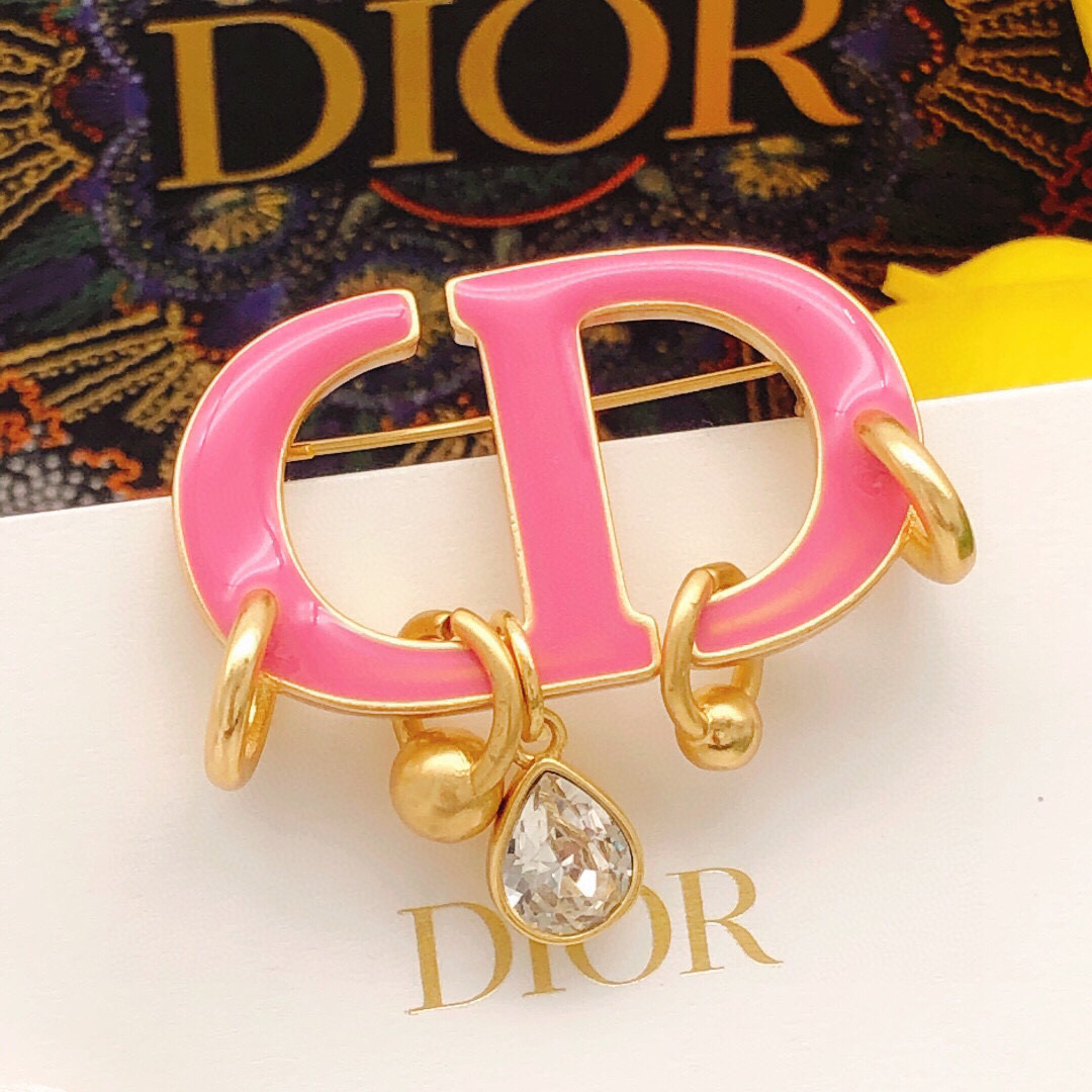 TOP Christian Dior CD Logo Diamond Brooch - Pink & Gold