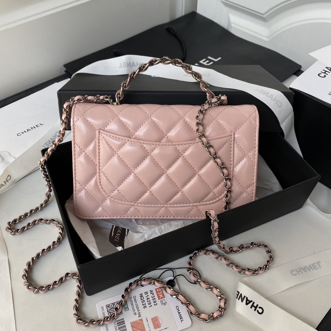 TOP CHANEL Black Silver Rhinestone Handle Organ Cowhide Bag 19cm - Pink