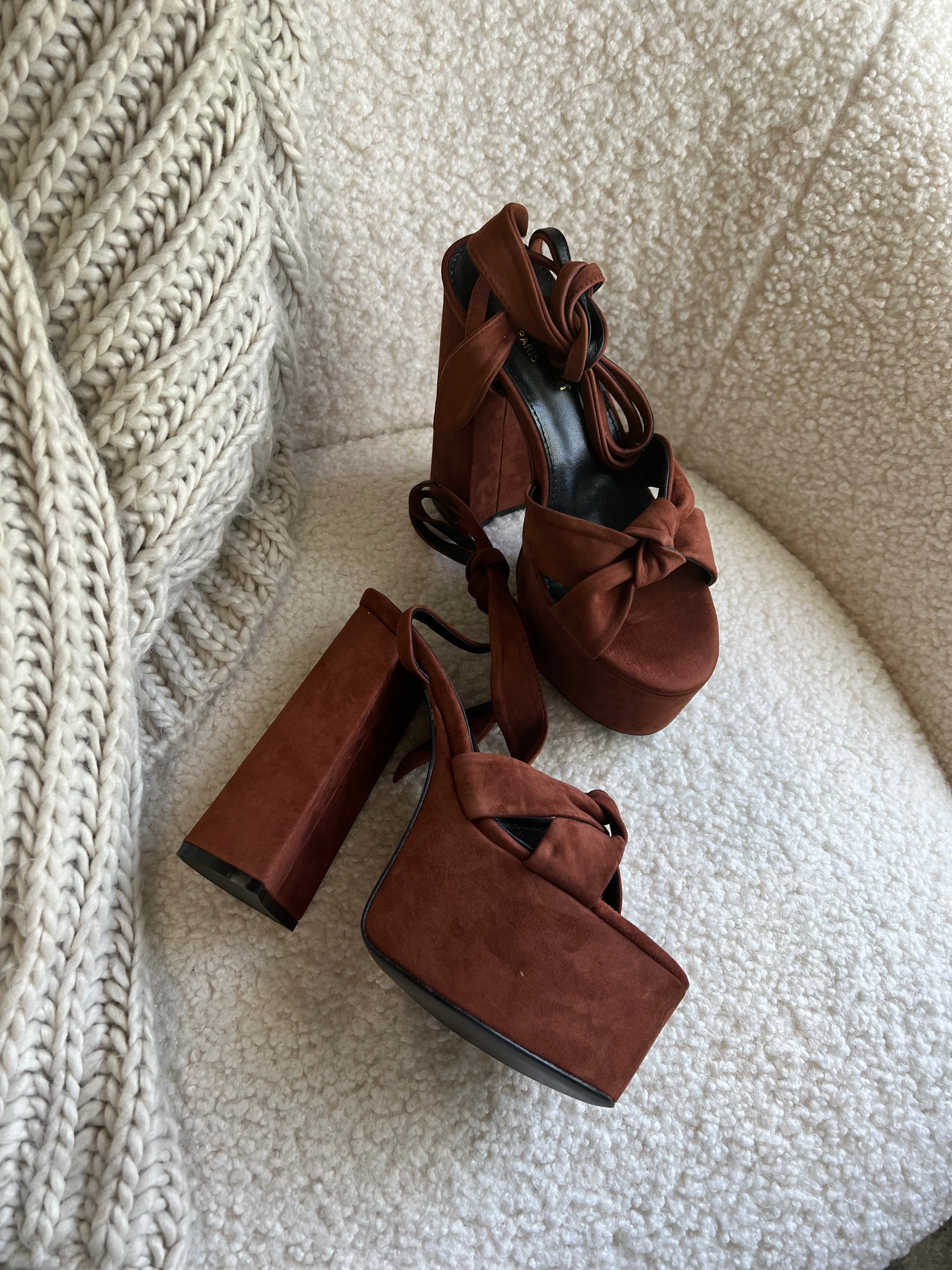 TOP Yves Saint Laurent YSL Suede Platform High Heels - Brown