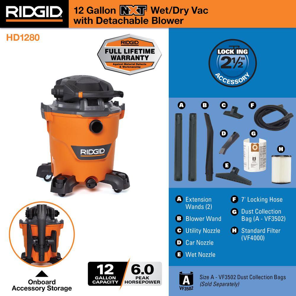 12 Gallon 6.0 Peak HP NXT Shop Vac Wet Dry Vacuum with Detachable Blower, Filter, Dust Bag, Locking Hose and Accessories