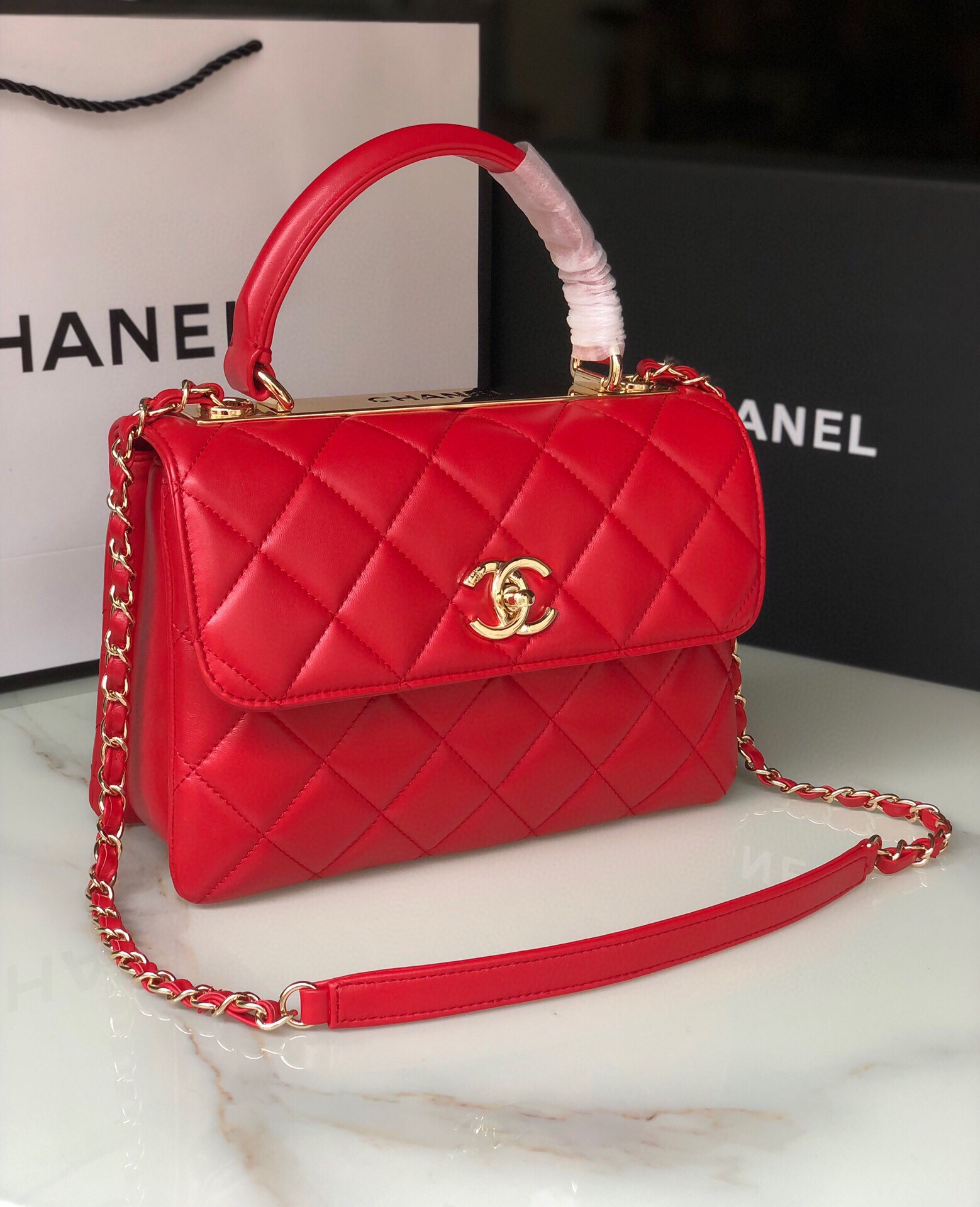 TOP CHANEL Trendy CC Handle Bag 25×12×17CM - Red&GHW