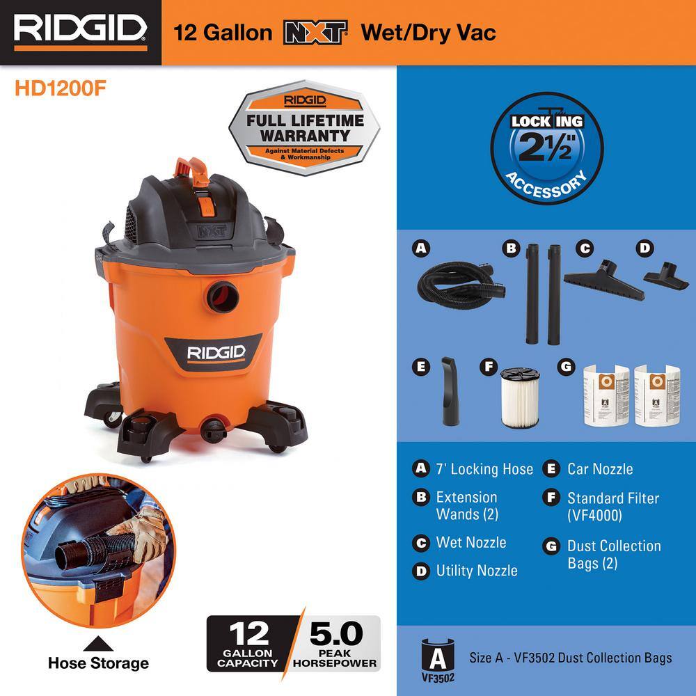 12 Gallon 5.0 Peak HP NXT Shop Vac Wet Dry Vacuum with Filter, Dust Collection Bags, Locking Hose and Accessories