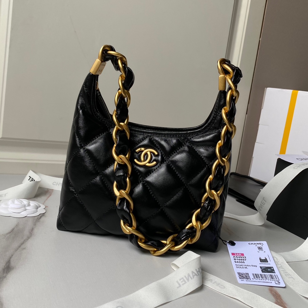 TOP CHANEL Waxed Lambskin Hobo Bag 22.5×19.5×8.5cm/38×20×10.5cm - Black