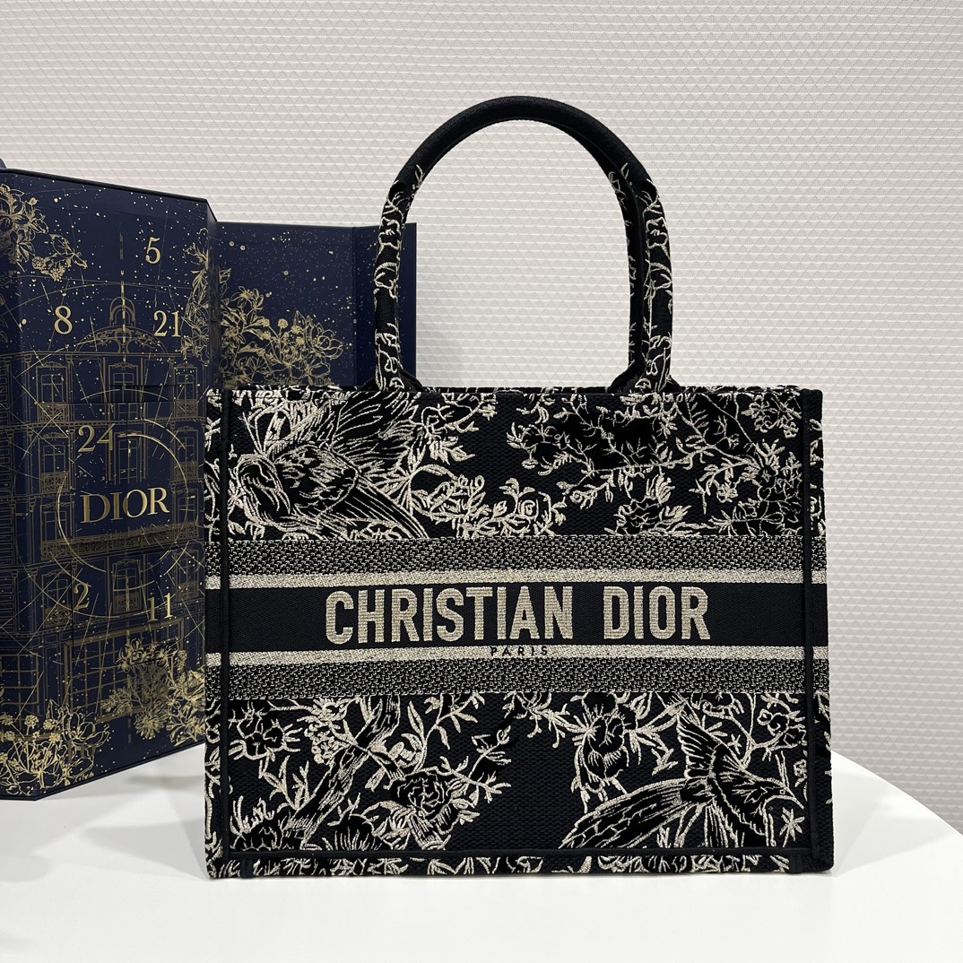 TOP Christian Dior Golden Silk Black Magpie Medium Tote Bags - 36*18*28cm - Black