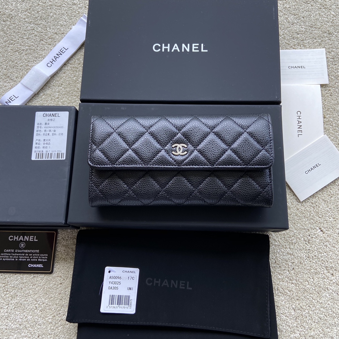 TOP CHANEL Long Folding Calfskin Wallet 19×10.5×3cm - Black & GHW/SHW