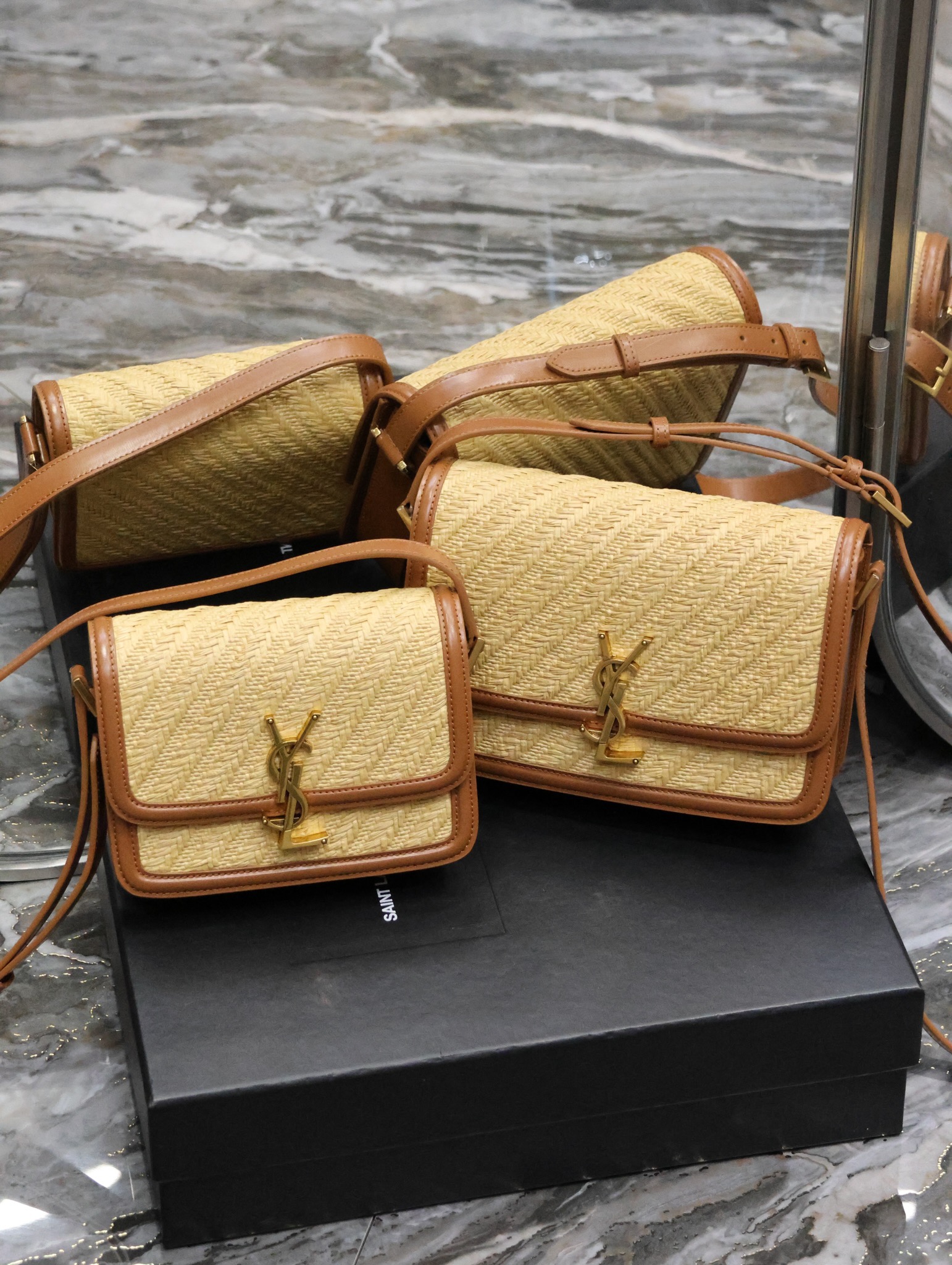 TOP Yves Saint Laurent YSL Cowhide with weaving Solferino Bags 19/23cm - Khaki&GHW