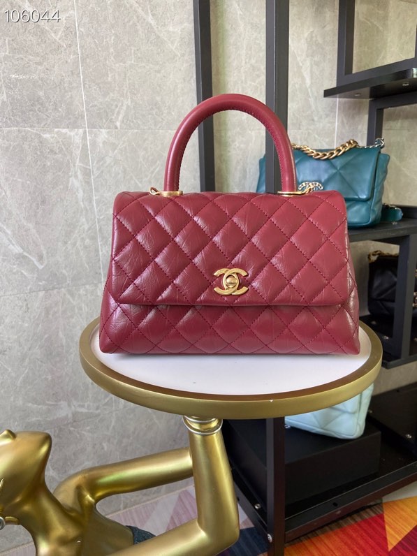 TOP CHANEL Oil Wax Leather With Oil Wax Leather Handle CoCo Handle Bags 14x24x10cm - Red/Blue&GHW