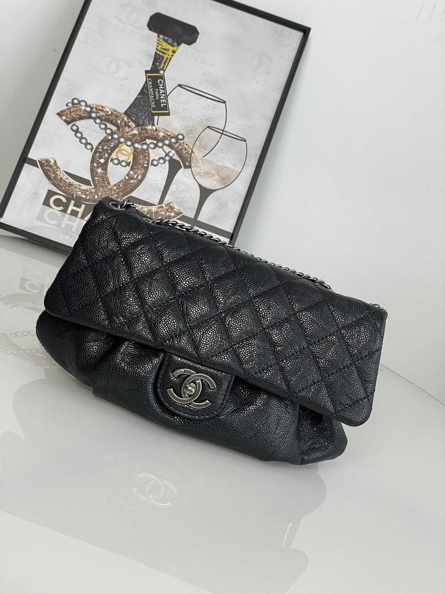 TOP CHANEL Vintage Flab Bag 30cm/40cm - Black&SHW