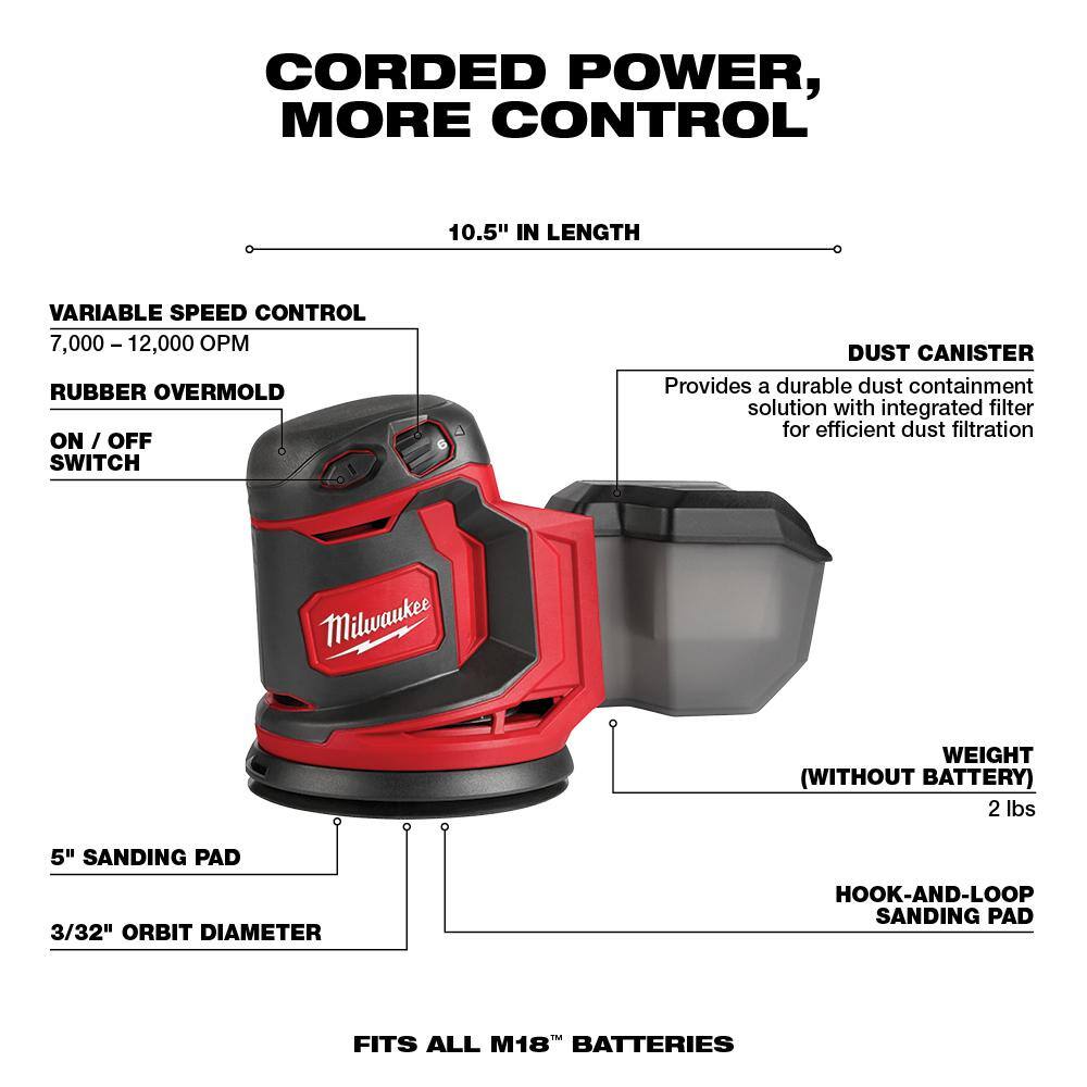 M18 18V Lithium-Ion Cordless 5 in. Random Orbit Sander with 2.0 Ah Compact Battery