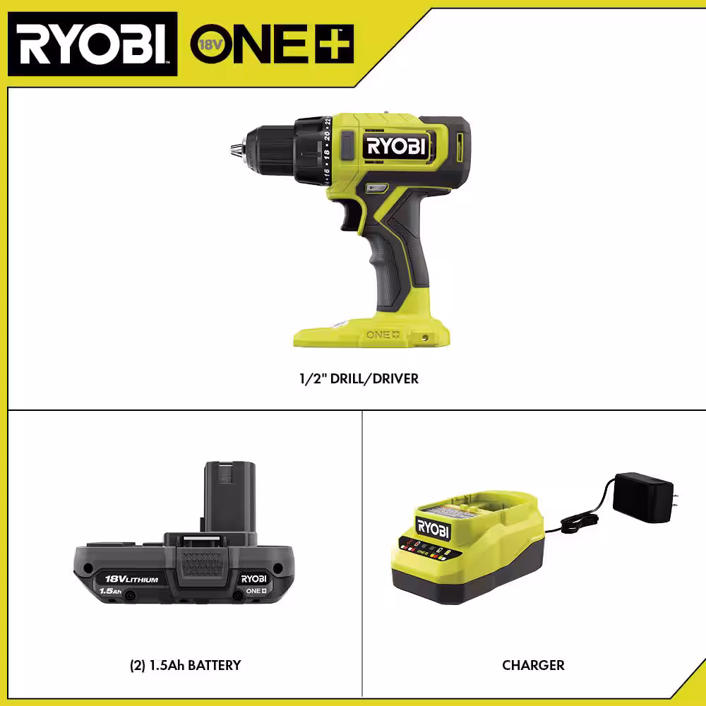 ONE+ 18V Cordless 1/2 in. Drill/Driver Kit with (2) 1.5 Ah Batteries and Charger