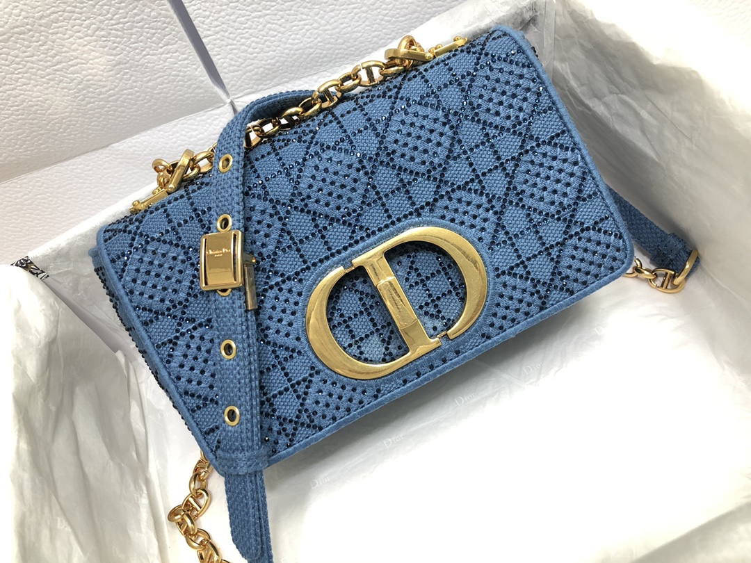 TOP Christian Dior Caro Bag - Embroidered Denim Blue Diamond 20 x 12 x 7 cm