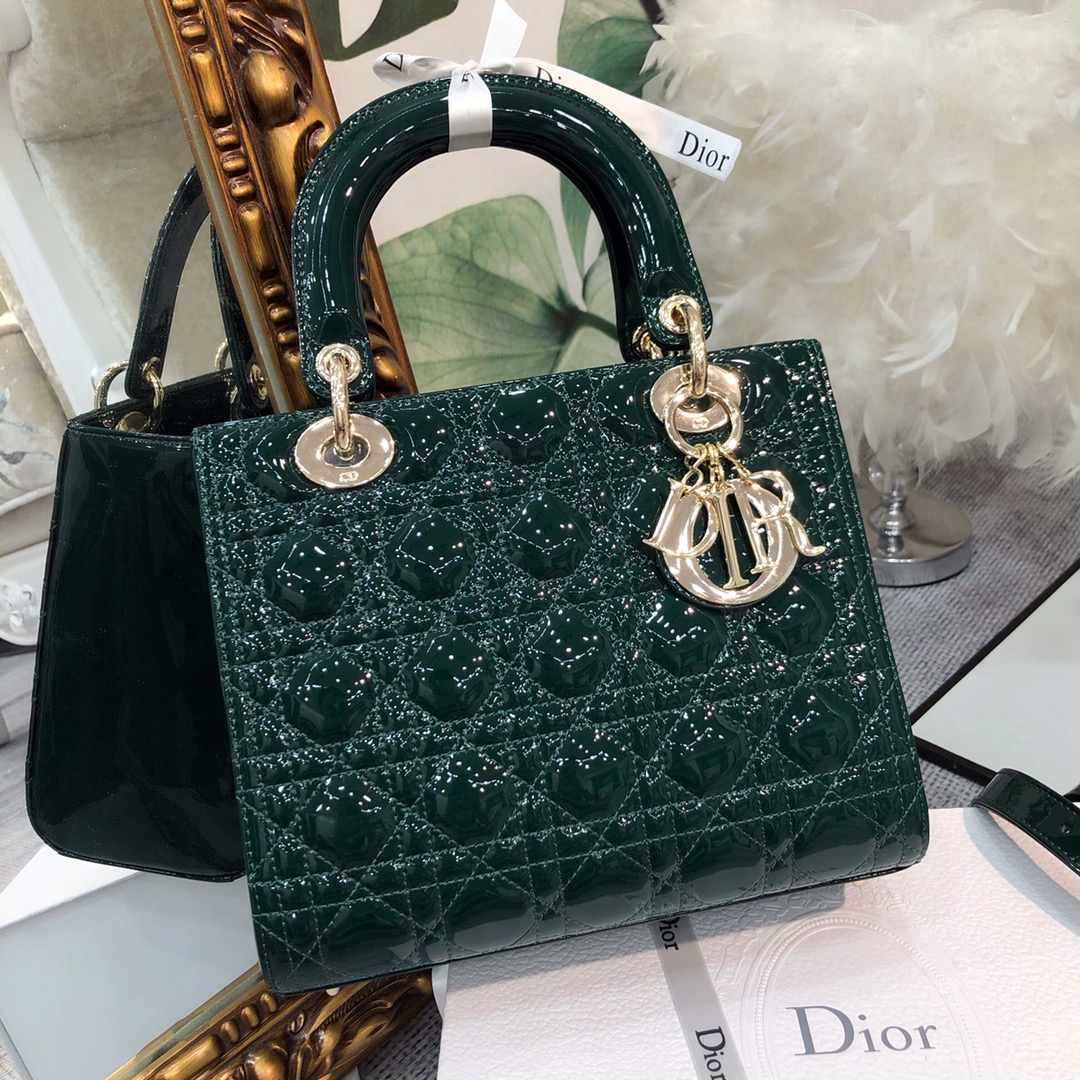 TOP Christian Dior 5-Grid Patent Leather Calf Leather Handbag 24*20*11cm - Blackish Green