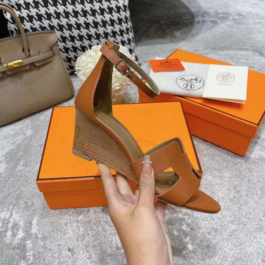 TOP HERMES Wedges Sandals Smooth Leather - Brown
