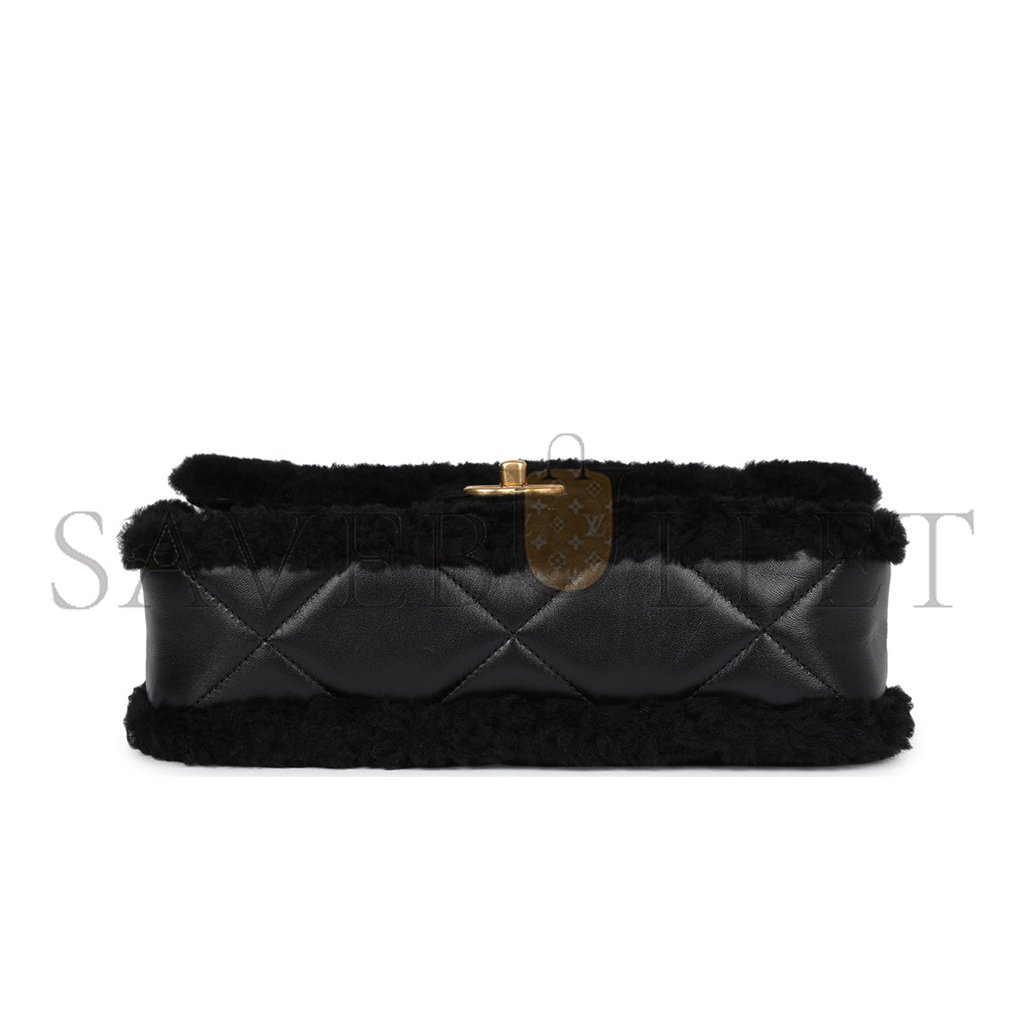 CHANEL MASTER MEDIUM SHEARLING FLAP BAG BLACK LAMBSKIN BRUSHED GOLD HARDWARE  (23.5*16*7.5cm)