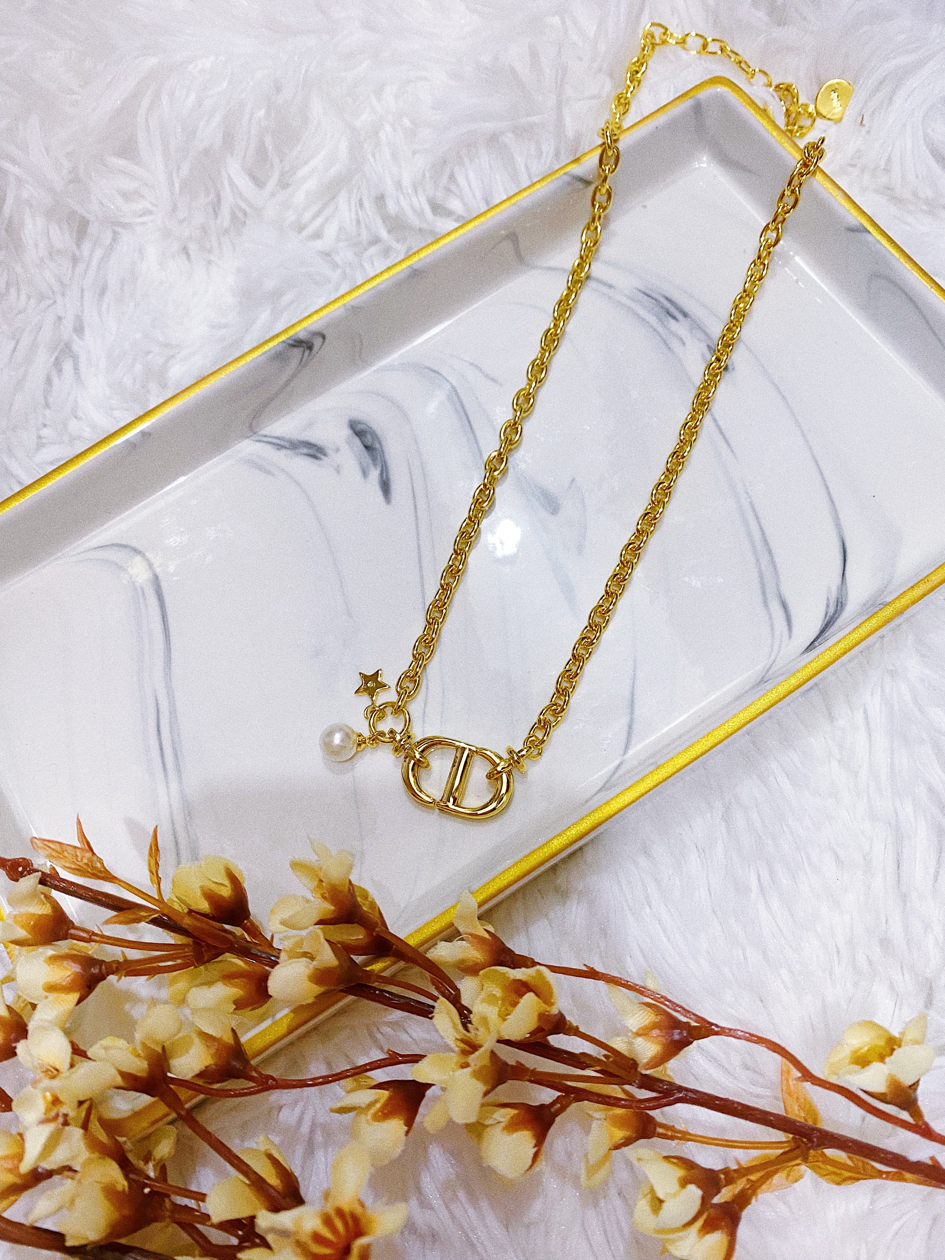 TOP Christian Dior CD Gold Necklace with Pearl