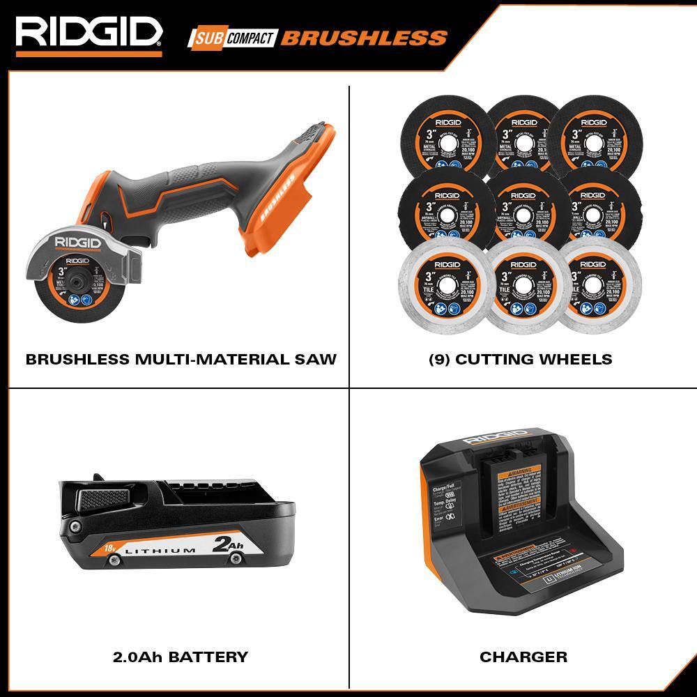 18V SubCompact Brushless Cordless 3 in. Multi-Material Saw Kit with (9) Cutting Wheels, 2.0 Ah Battery, and 18V Charger