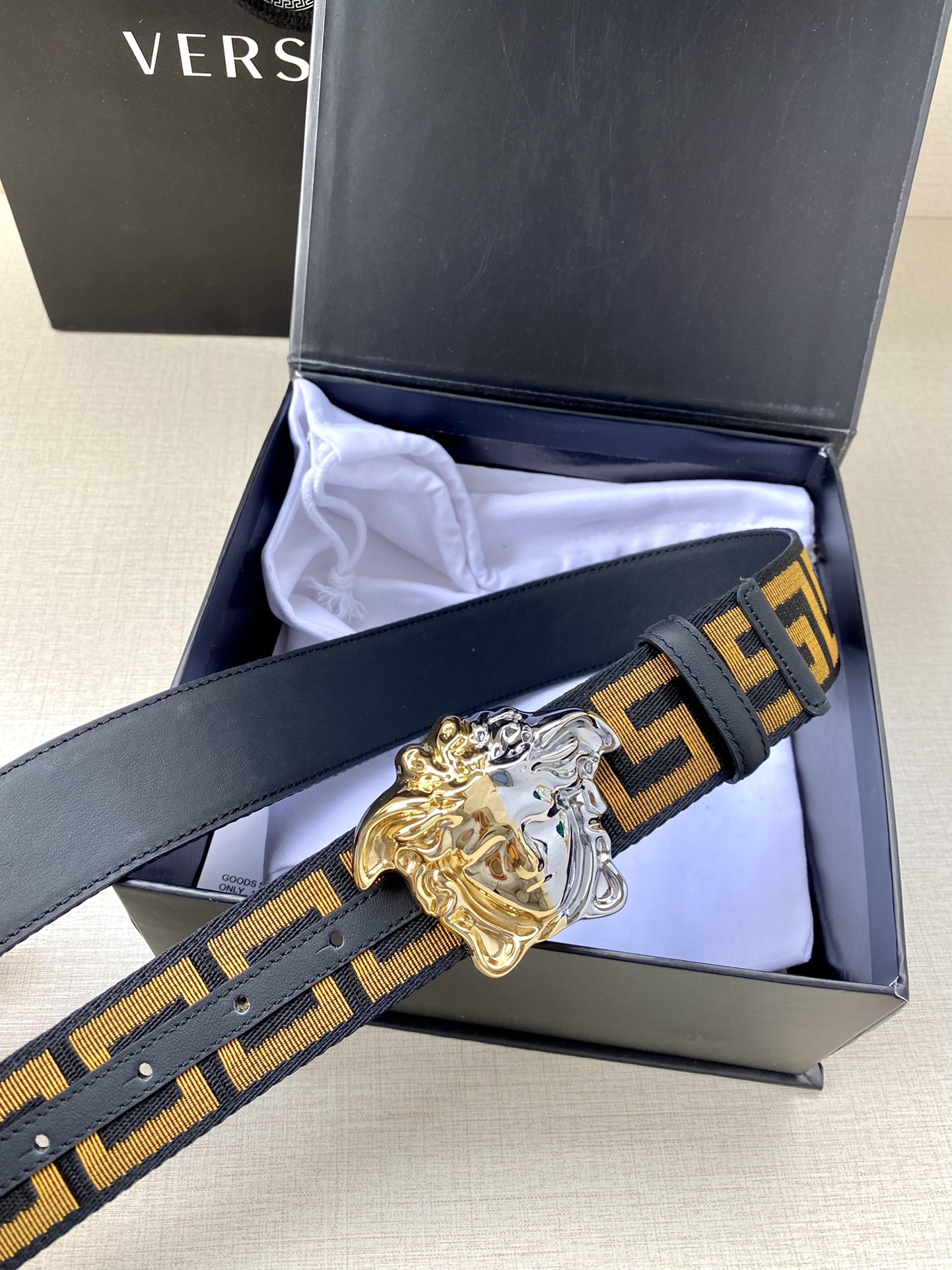 VERSACE Medusa Head Pin Buckle Belt, Vintage Greca Pattern Jacquard & Leather Waist Belt For Men & Women