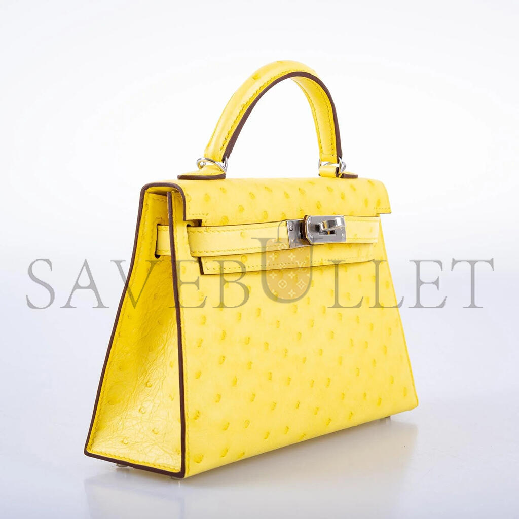 HERMÈS MINI KELLY II SELLIER JAUNE CITRON OSTRICH PALLADIUM HARDWARE (19*12*5.5cm)