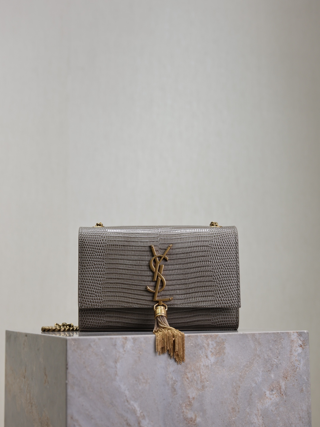 TOP Yves Saint Laurent YSL Kate Tassel Bag Lizard Print Cowhide 20x13.5x5.5cm - Gray & GHW