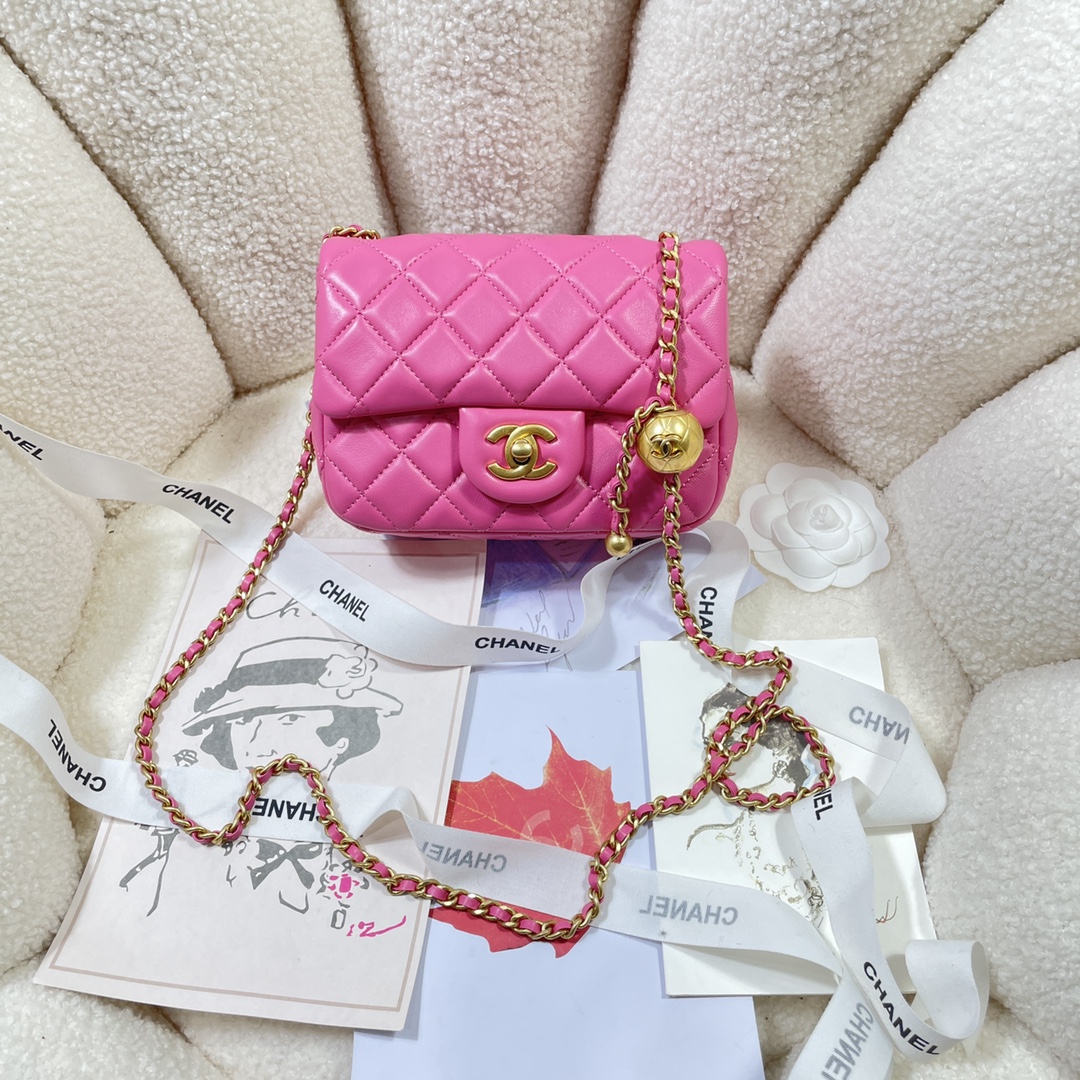 TOP CHANEL Classic Flap Bag Gold Ball 13*18*7cm - Rose Pink
