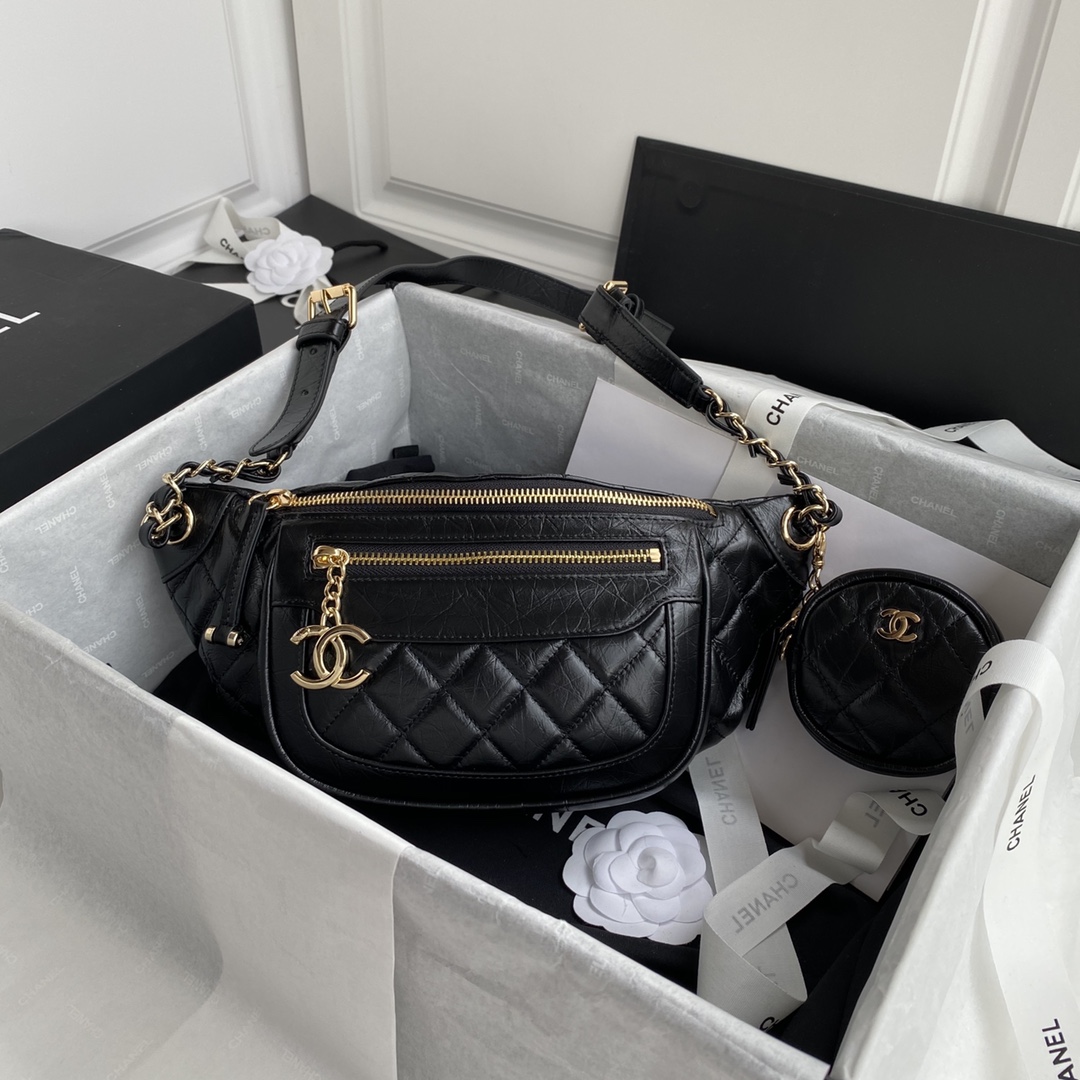 TOP CHANEL Fanny Pack Bag 34x15x6cm - GHW - Black/White