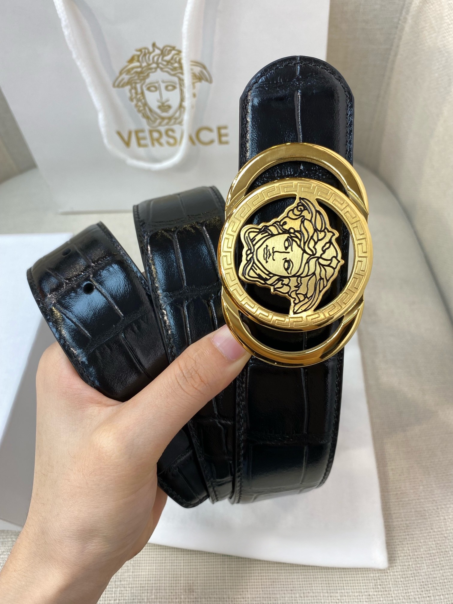 VERSACE Double Ring Medusa Automatic Buckle Belt, Crocodile Embossed Leather Belt For Men