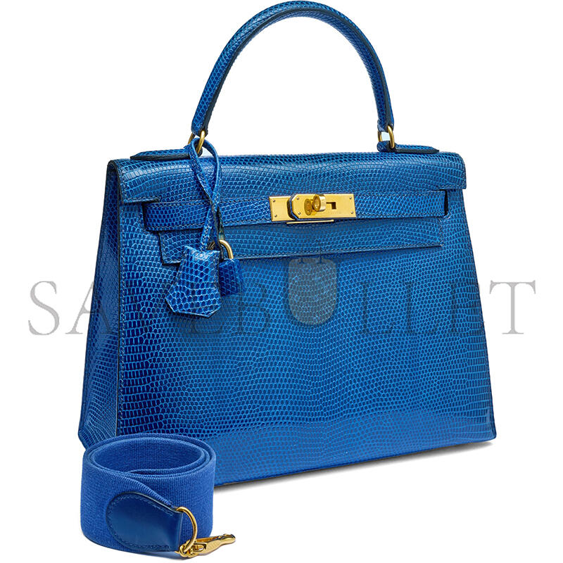 HERMÈS A SHINY BLEU ROI NILOTICUS LIZARD SELLIER KELLY 28 WITH GOLD HARDWARE (28*22*10cm)