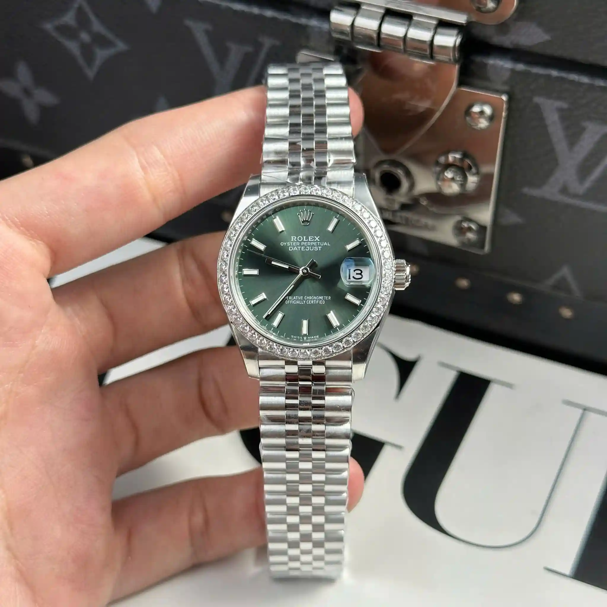 AAAWatch Rolex Datejust Ladies Automatic Watch, Solid Steel Jubilee Bracelet, Diamond‑Set Bezel Green Dial Date Display Luxury Wrist Watch