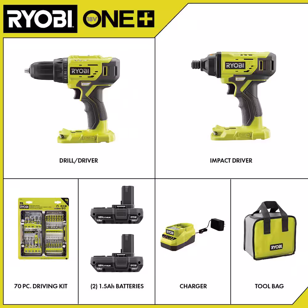 ONE+ 18V Cordless 2-Tool Combo Kit w/ Drill/Driver, Impact Driver, (2) 1.5 Ah Batteries, Charger, & 70-Piece Driving Kit