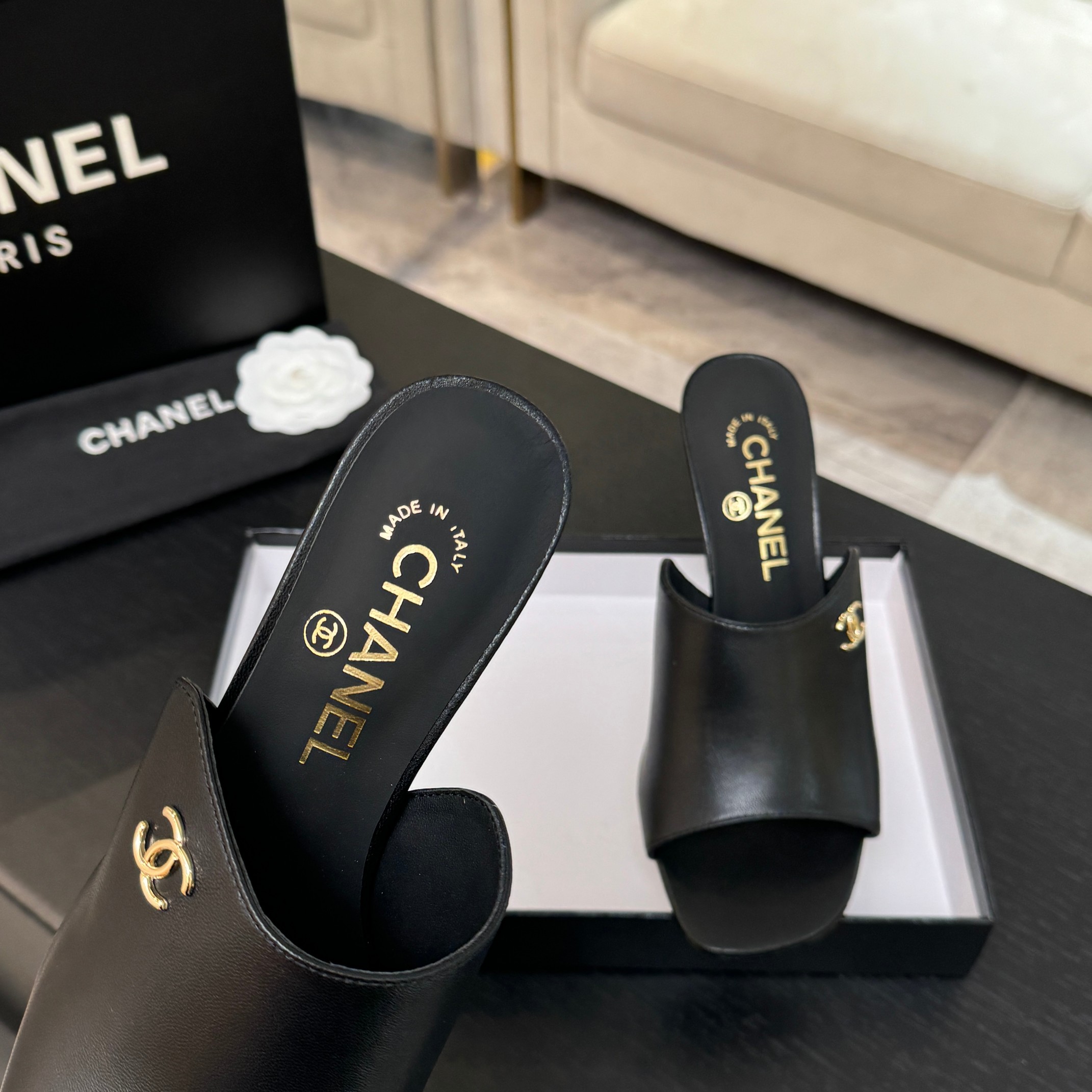 TOP CHANEL Calfskin High Heel Sliders - Black