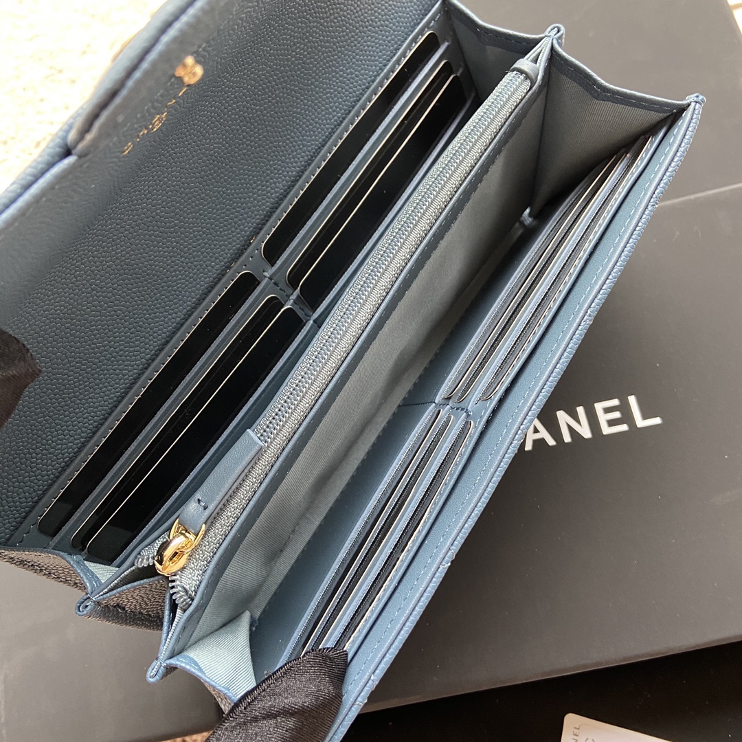 TOP CHANEL Long Folding Caviar Wallet 19×10.5×3cm - Blue