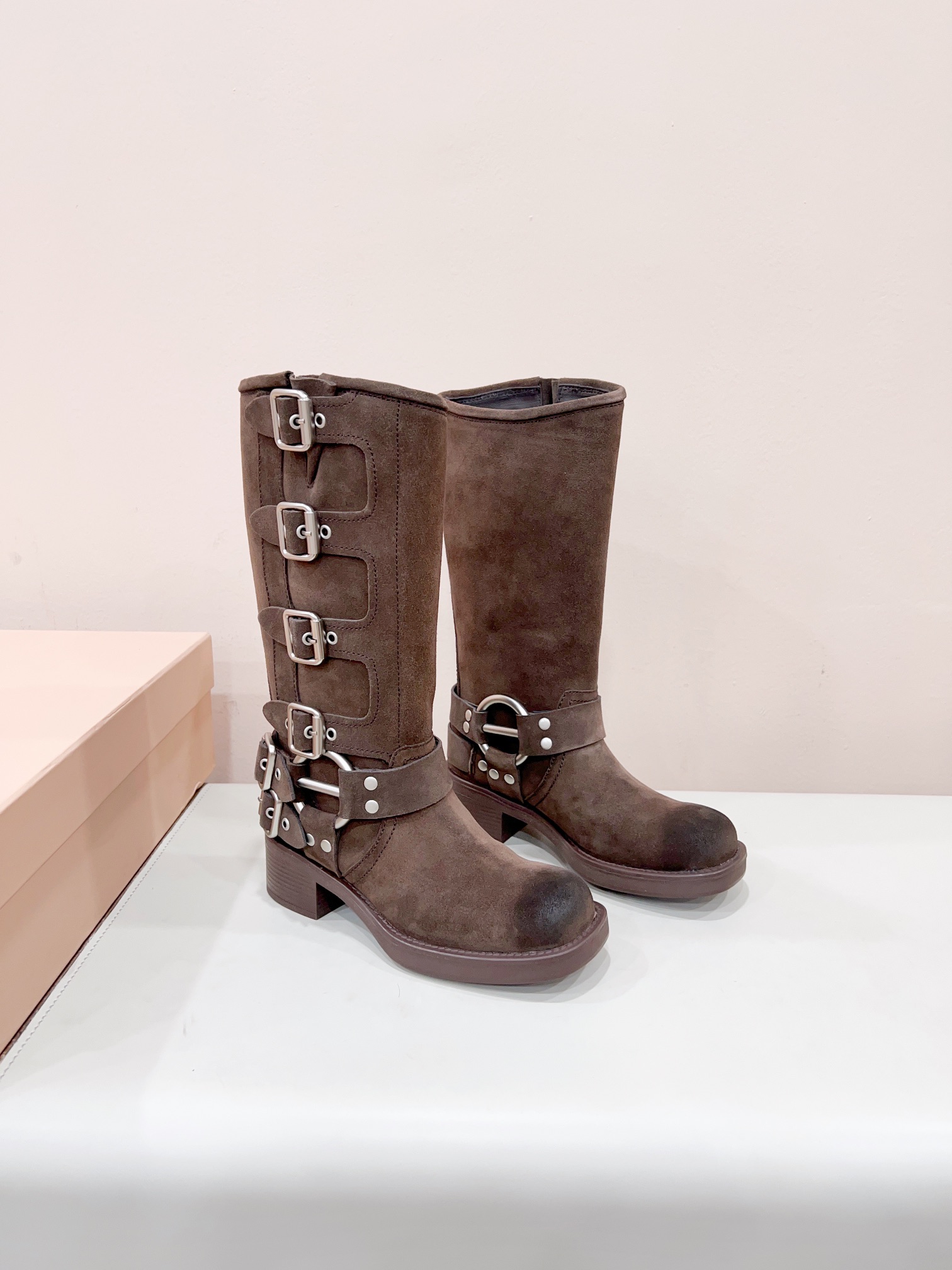 TOP Miu Miu Retro Western Catwalk Motorcycle Suede Long Boots - 2 Colors