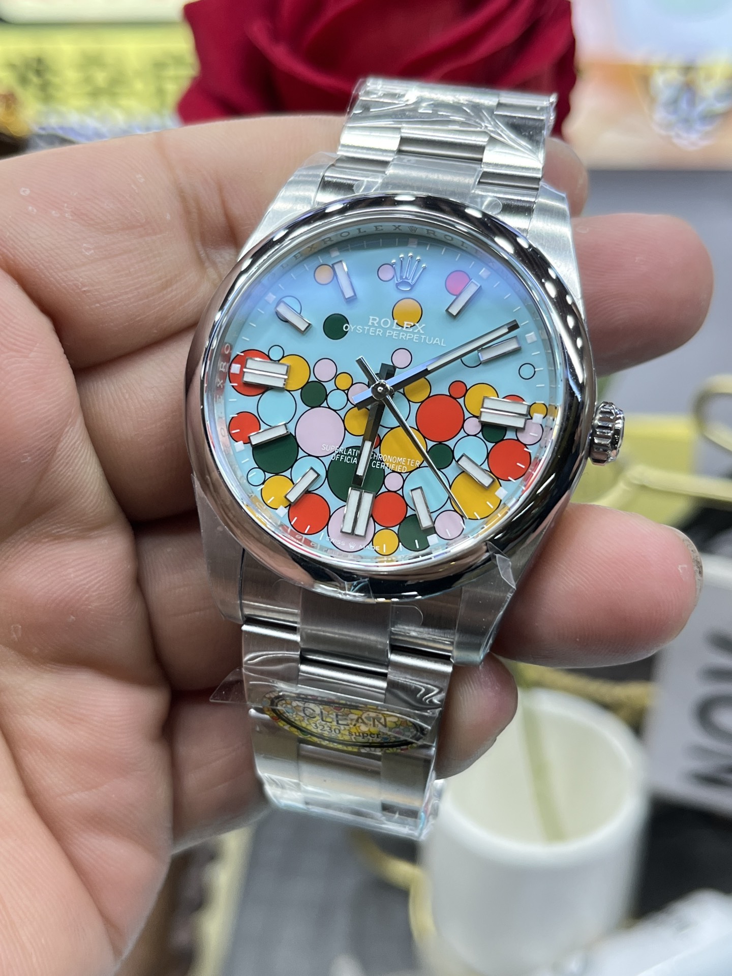 TOP ROLEX Oyster Perpetual W36mm Stainless Steel Turquise Blue/Celebration motif Dial Watch - Sliver