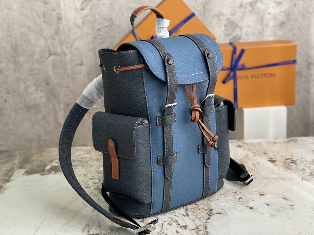 TOP Louis Vuitton LV Men's Christopher Backpack Taurillon Leather 32x39x12cm - Denim