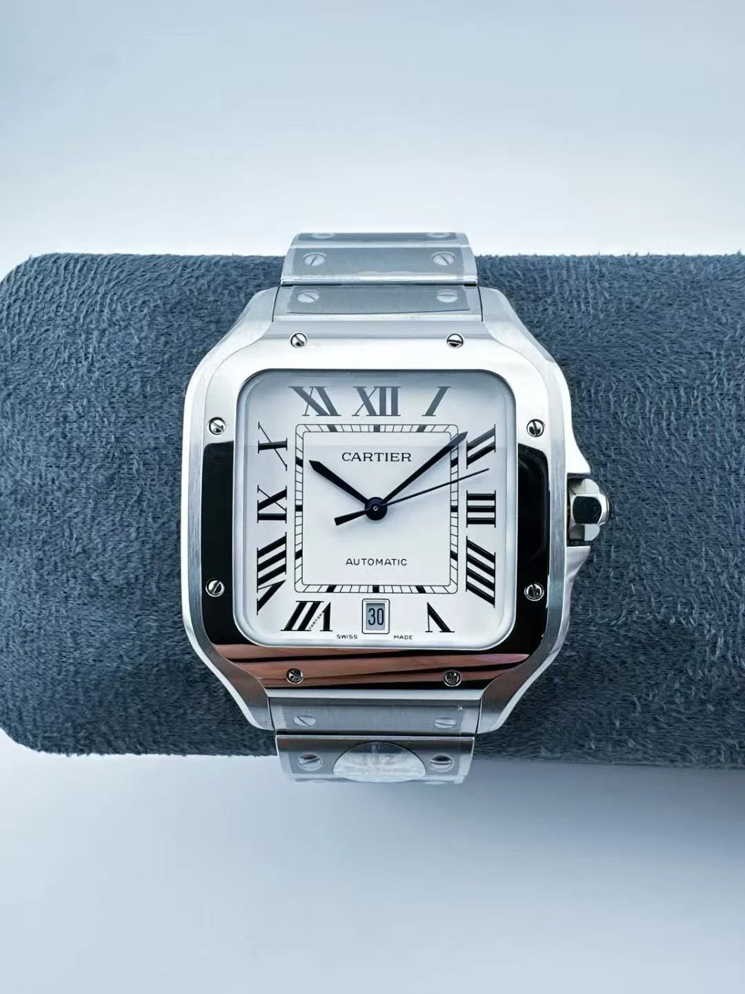Square Automatic Mechanical Wrist Watch for Men, Roman Numeral White Dial Date Display Polished Stainless Steel Bracelet Luxury Business Casual Wristwatch