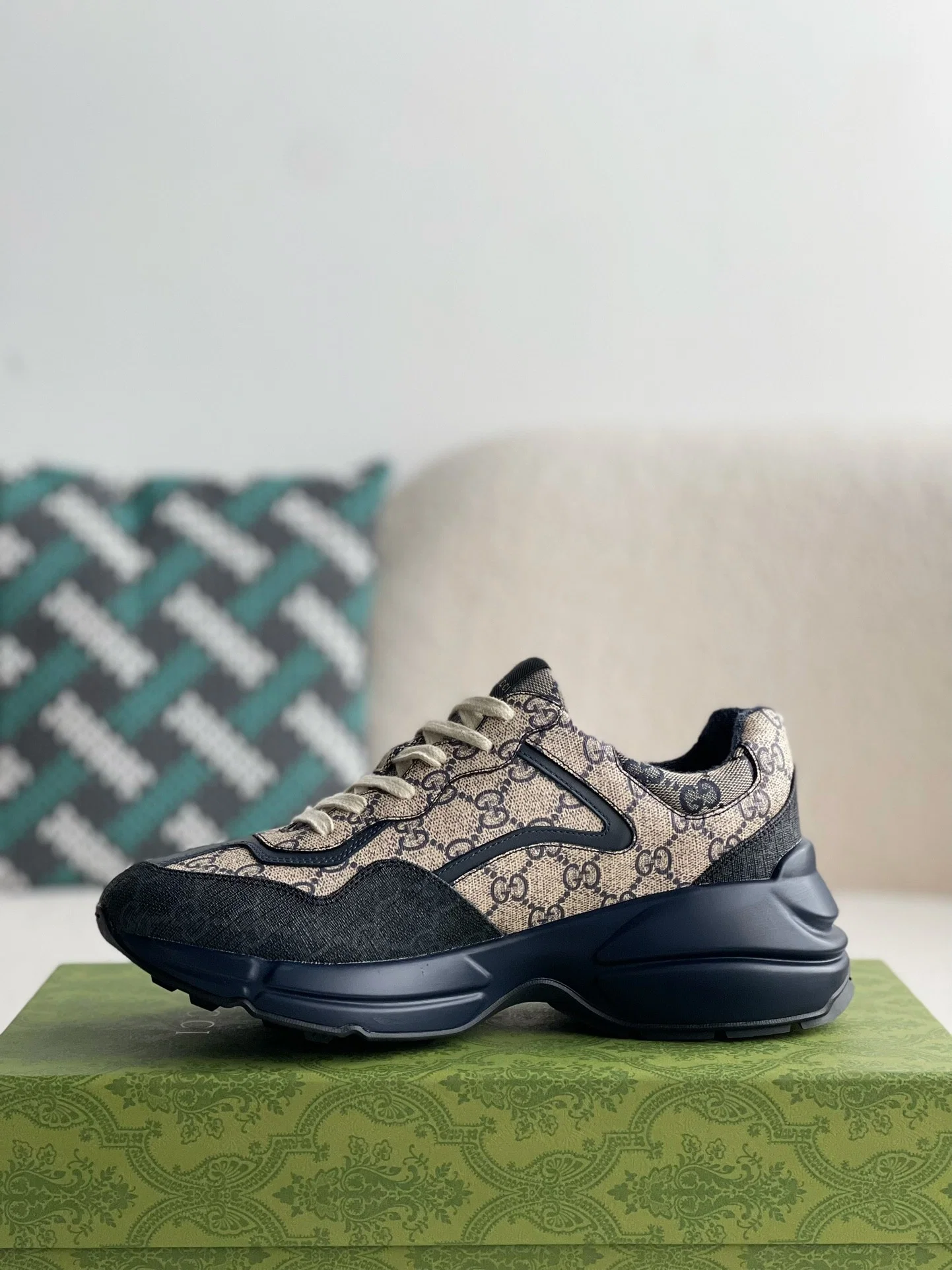 AAAShose Vintage Monogram Print Patchwork Chunky Sneakers, Navy Thick Sole Height Increasing Casual Dad Shoes Unisex