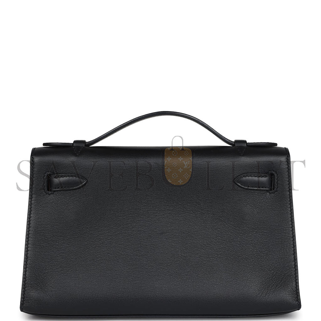 HERMÈS KELLY POCHETTE BLACK WITH VELVET GREEN SWIFT PALLADIUM HARDWARE (22*14*7cm)