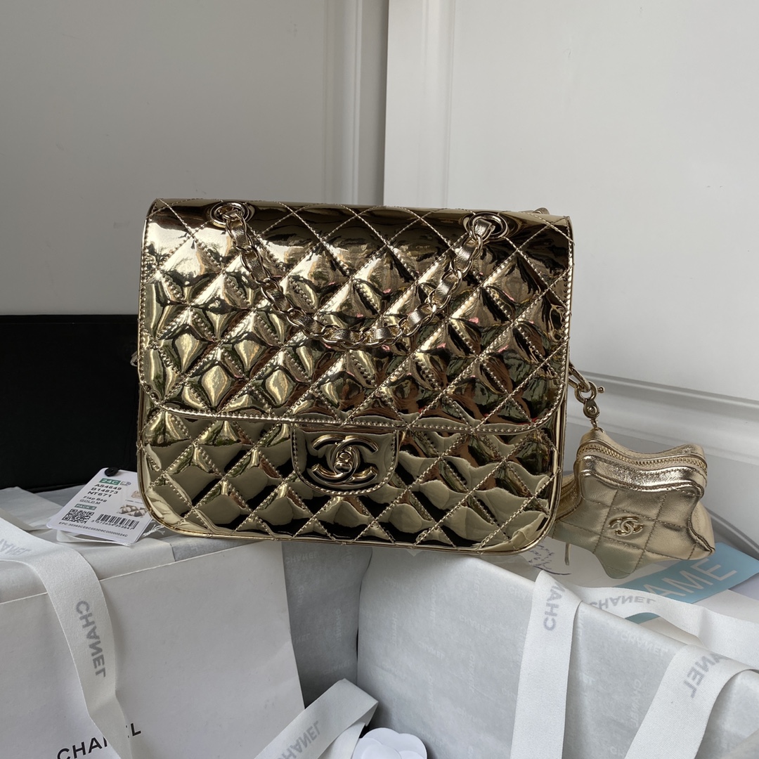 TOP CHANEL Flap Bag Shinny Backpack 18.5×23.5×8.5cm - Gold/Silver