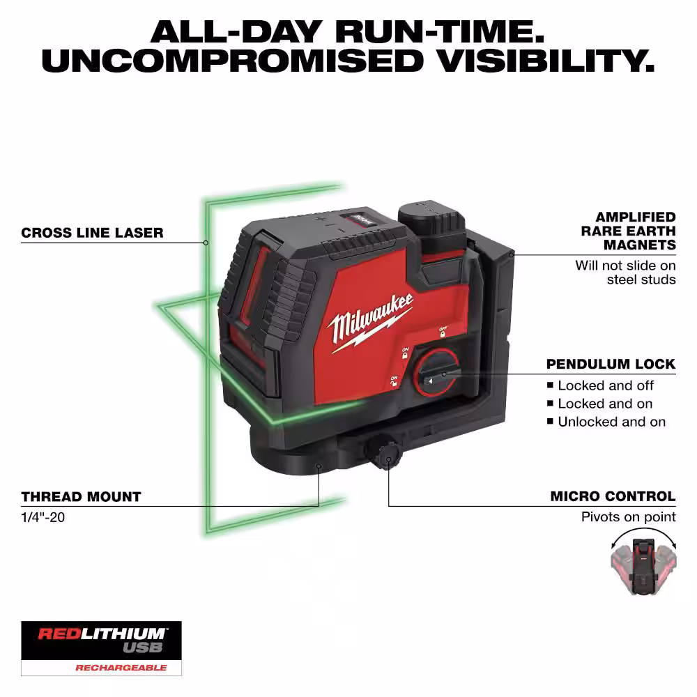 100 ft. REDLITHIUM Lithium-Ion USB Green Rechargeable Cross Line Laser Level with Charger