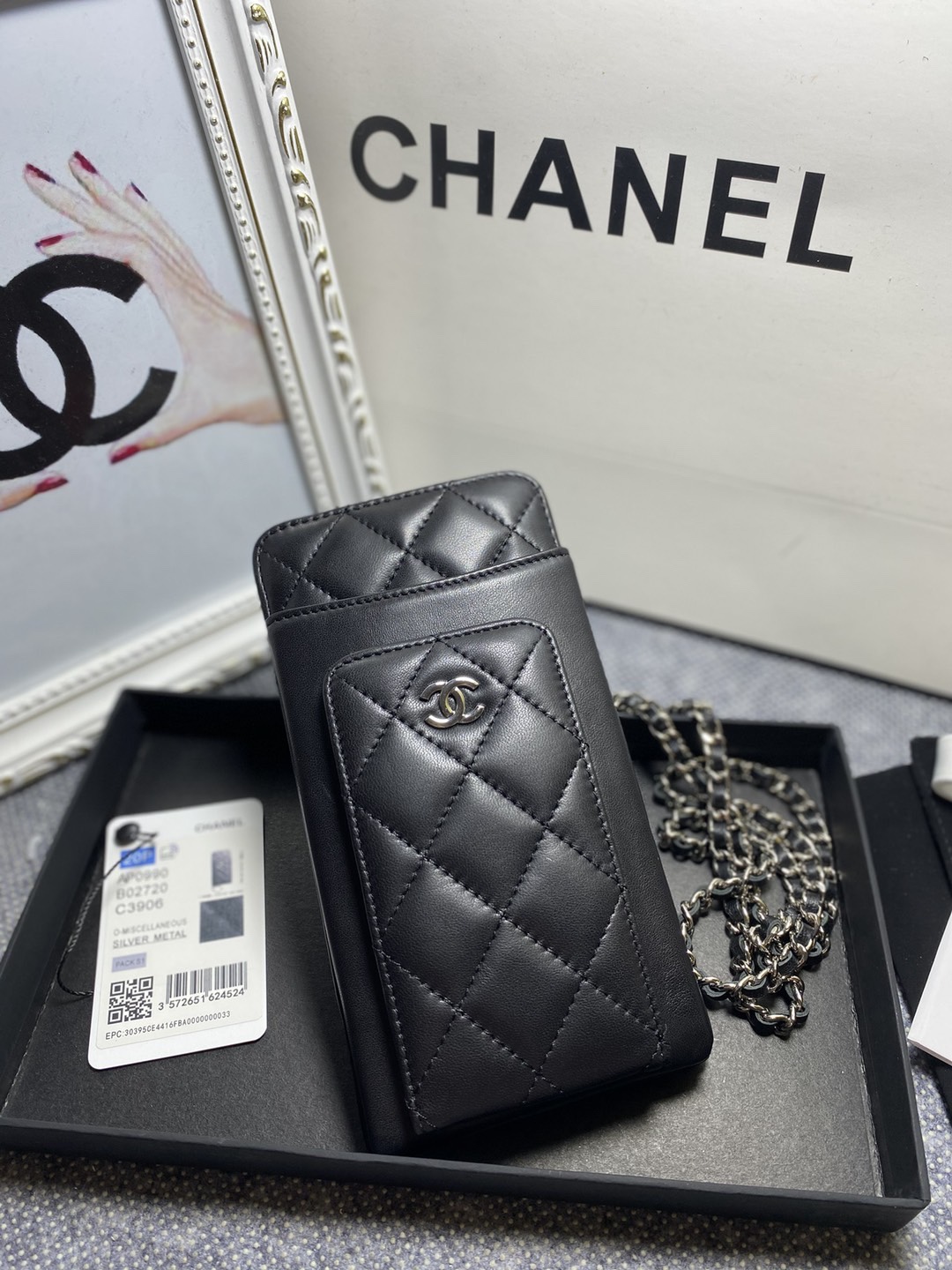 TOP CHANEL Lambskin Mobile Phone Bags 18.2*9*3cm - SHW&GHW - Black