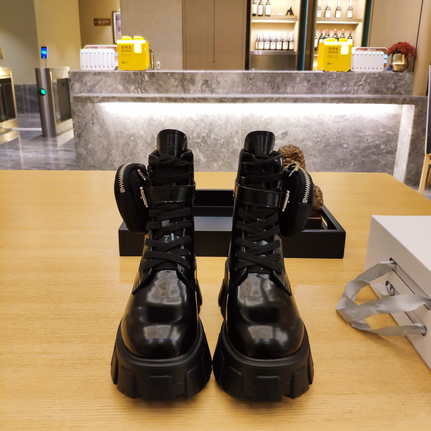 TOP PRADA Monolith Patent Leather and Nylon Ankle Boots With Small Bas - Black