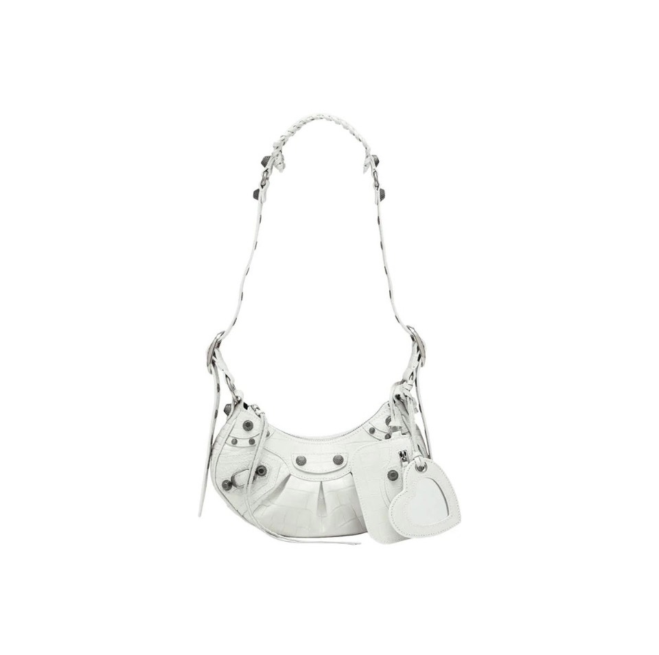 BALENCIAGA Le Cagole XS studded crinkled-leather shoulder bag White（10A Mirror Version）