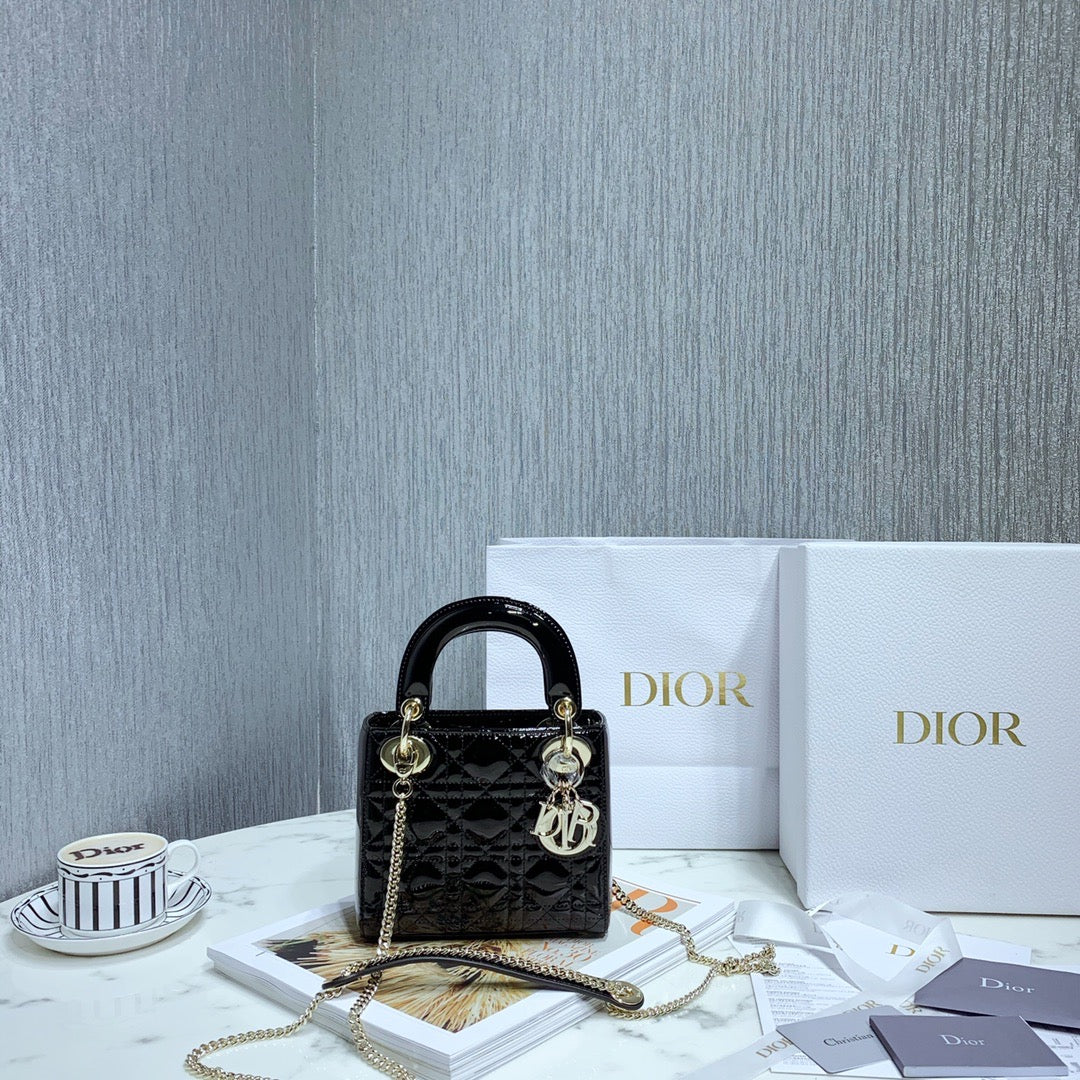 TOP Christian Dior Lady Christian Dior Bag Patent Leather Mini - Black w Light GHW