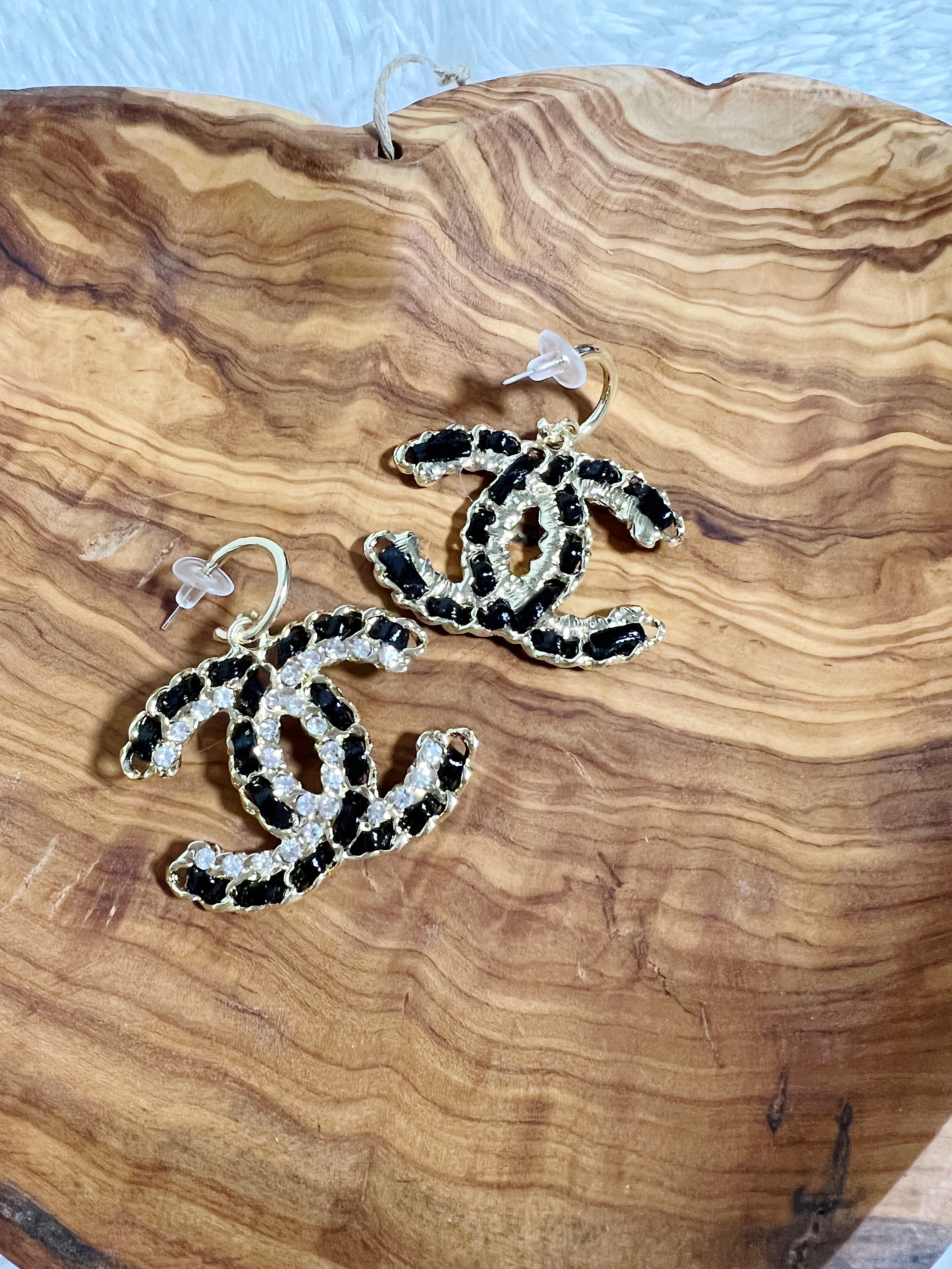 TOP CHANEL Dangle Hoop Earrings W Stones - Black